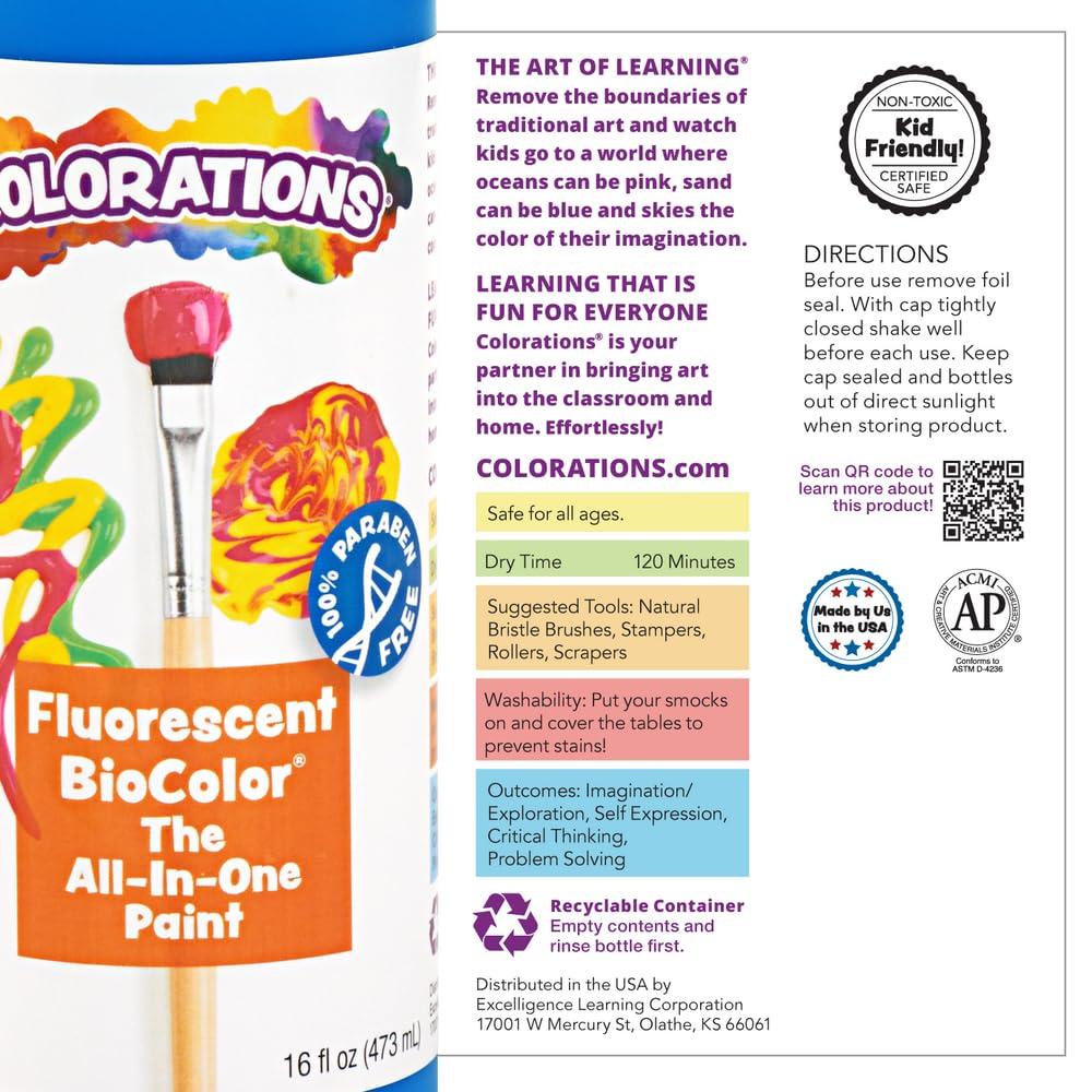 imageColorations BioColor Paint Fluorescent 16 oz Set of 9 Washable NonToxic Kids Paint School Art SuppliesAssorted  Set of 9