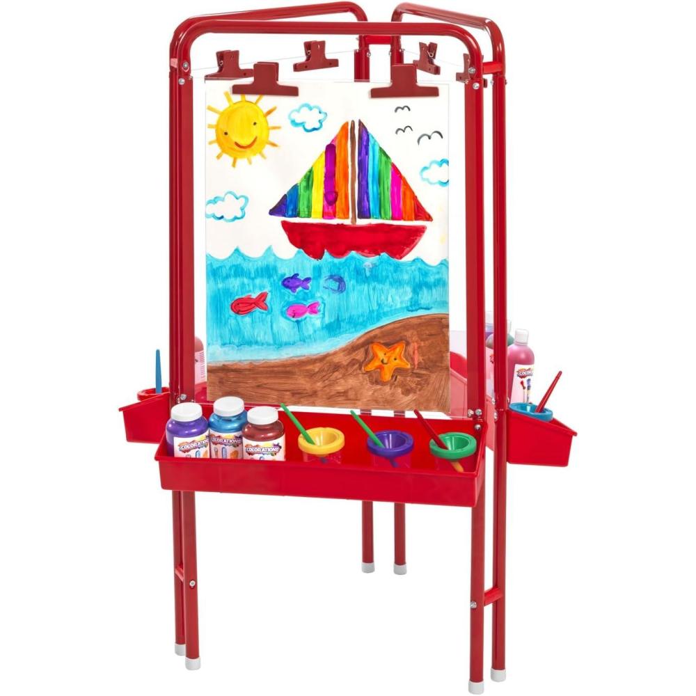 imageColorations 4WAPE Adjustable IndoorOutdoor Metal Frame Easel with Painton Acrylic Panels for Four Children3Station  Red