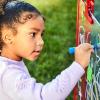 Colorations 4WAPE Adjustable Indoor-Outdoor Metal Frame Easel with Paint-on Acrylic Panels for Four Children(4-Station  Red)