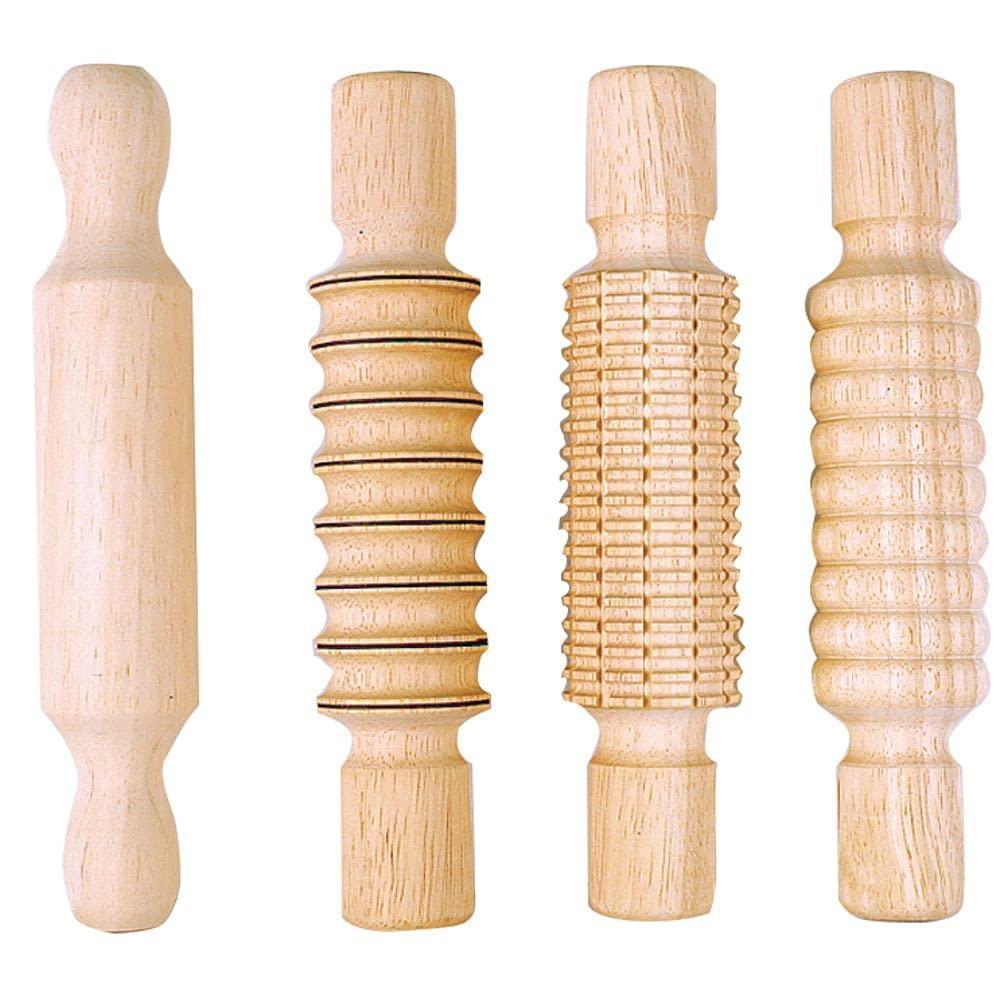 imageColorations DESIGN All Wood Clay and Dough Textured Rolling Pins Set of 4 Assorted Hard Natural Wood Easy to Clean 8 12 Inches for Kids Arts ampamp Crafts
