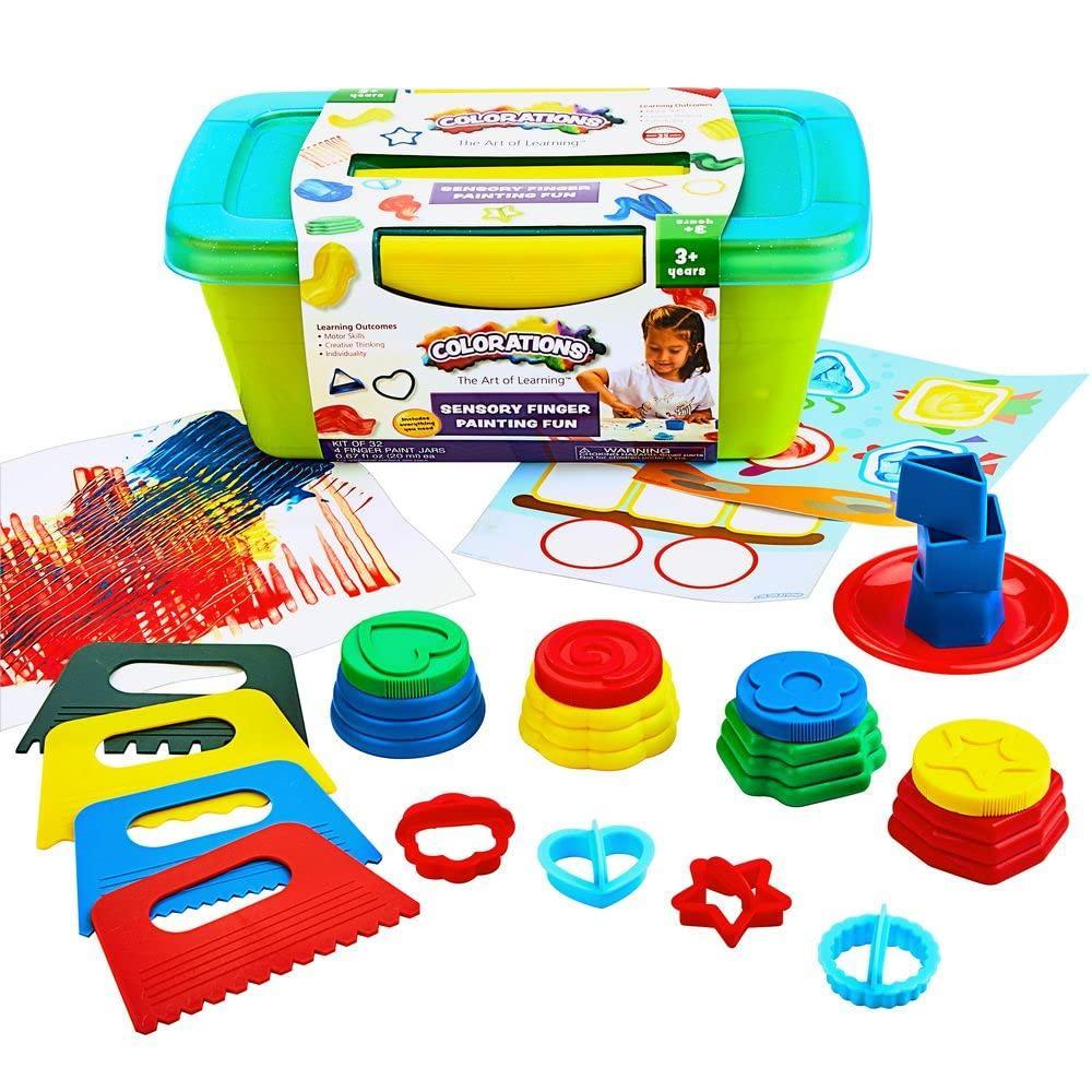 imageColorations Sensory Art Box  Finger Paint Kit of 32 Stampers Scrapers Activity Cards Paper Storage Bin Paint Jars Double Sided Shapes and Plate