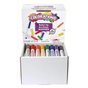 Colorations, Quick-Drying, Dry Erase Markers, Bullet Tip, Set of 48, 8 Brilliant Colors, Office Supply, Classroom, Low odor, Non-Toxic (Item # DRYPAK1)