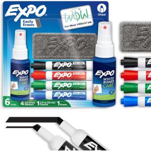 EXPO Low Odor Dry Erase Marker Set with White Board Eraser and Cleaner Chisel Tip Dry Erase Markers Assorted Colors 6 Piece Set with Whiteboard Cleaner(Chisel Tip)