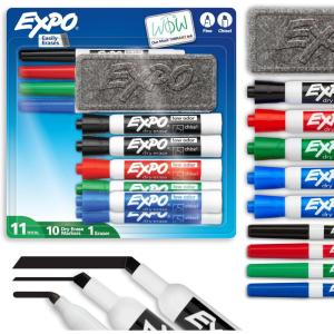 EXPO Low Odor Dry Erase Marker Set with White Board Eraser and Cleaner Chisel Tip Dry Erase Markers Assorted Colors 6 Piece Set with Whiteboard Cleaner(Mixed Tips)