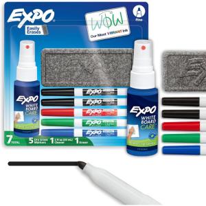 EXPO Low Odor Dry Erase Marker Set with White Board Eraser and Cleaner Chisel Tip Dry Erase Markers Assorted Colors 6 Piece Set with Whiteboard Cleaner(Fine Tip)