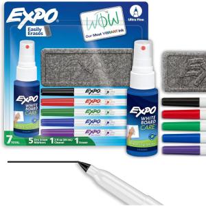 EXPO Low Odor Dry Erase Marker Set with White Board Eraser and Cleaner Chisel Tip Dry Erase Markers Assorted Colors 6 Piece Set with Whiteboard Cleaner(Ultra Fine)