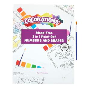 Colorations Mess-Free 3-in-1 Numbers & Shapes Paint Set – with Brush 8.5″ W x 11″ L | Coloring for Toddlers, Magic Watercolor, Doodle Palette for Kids