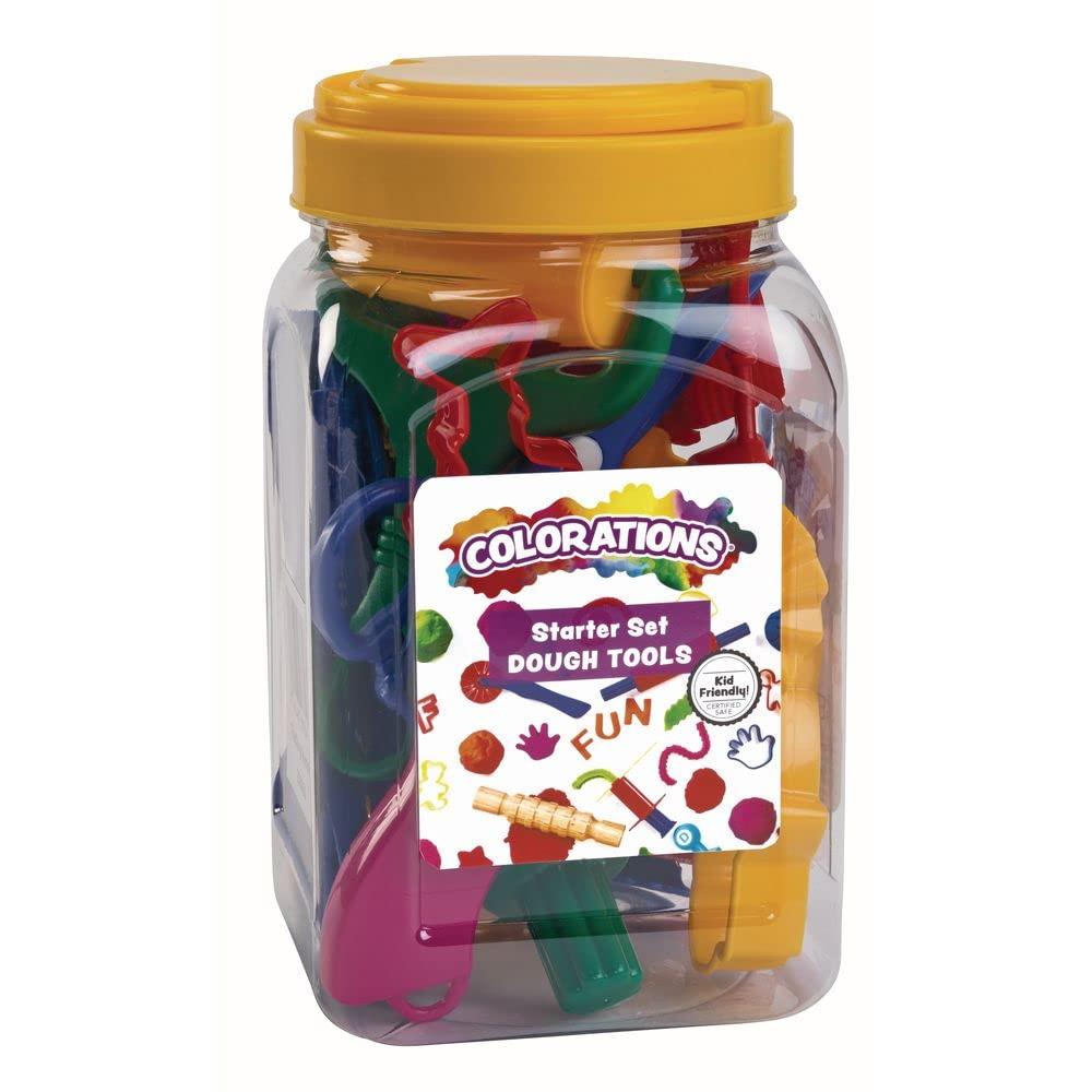 imageColorations Plastic Clay ampamp Dough Starter Playset in Storage Jar 21 Pieces Assorted Class Pack Party Pack includes Rollers Spatulas Cutters Extruders Arts ampamp Crafts for Kids