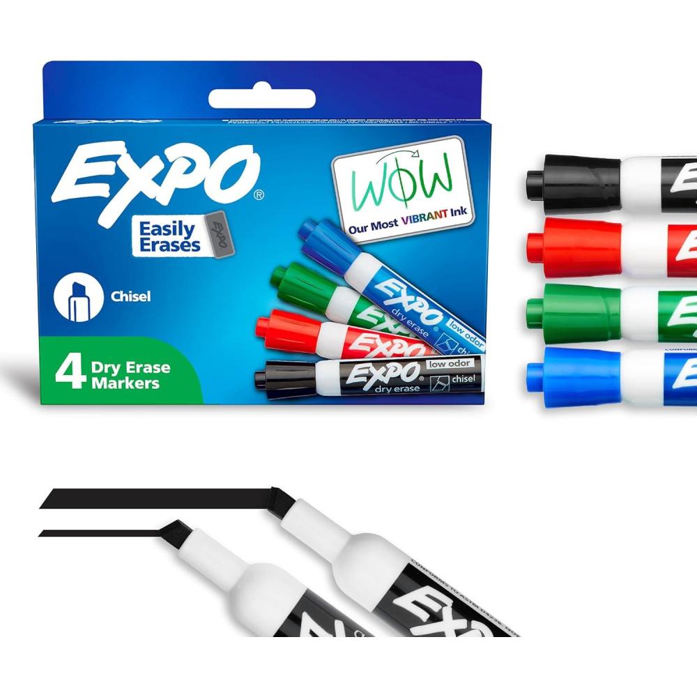 imageEXPO Dry Erase Markers Low Odor Ink Black Chisel Tip 4 Count  Whiteboard Calendar Organization Essential Supplies for Office School Classroom TeachersAssorted