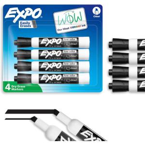EXPO Dry Erase Markers, Low Odor Ink, Black, Chisel Tip, 4 Count – Whiteboard, Calendar, Organization, Essential Supplies for Office, School, Classroom, Teachers(Black)