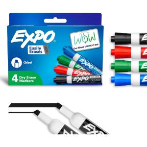 EXPO Dry Erase Markers, Low Odor Ink, Black, Chisel Tip, 4 Count – Whiteboard, Calendar, Organization, Essential Supplies for Office, School, Classroom, Teachers(Assorted)