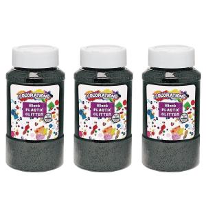 Colorations Extra-Safe Plastic Black Glitter, 3 lbs, Each Jar 1 lb, 3 Easy Dispensing Shaker Jars, Great for Arts & Crafts, Decorating, Slime, Holiday Party, Weddings, Scrapbooking, Non Toxic Glitter